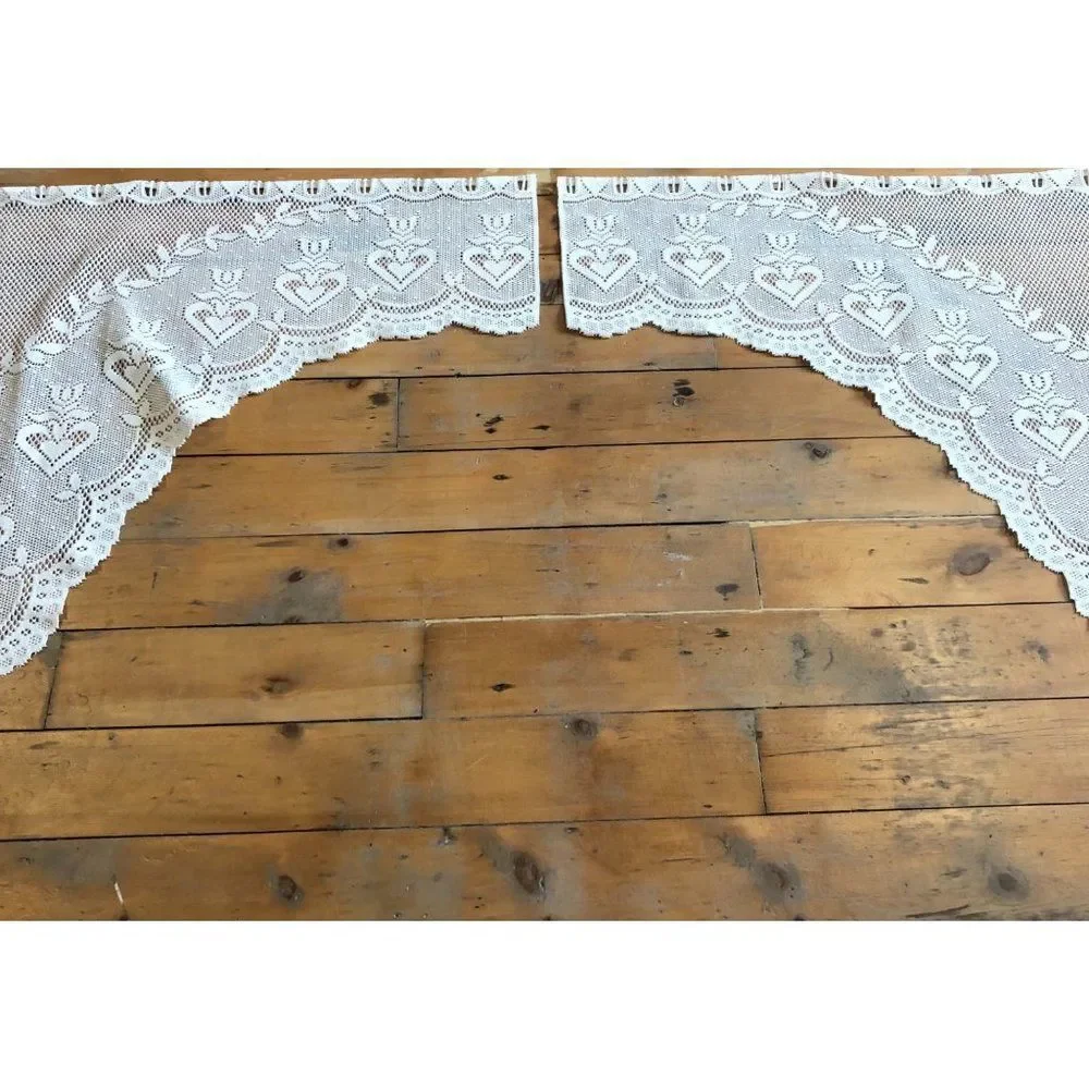 Vintage leave country hearts white window curtains 66” x 35”
